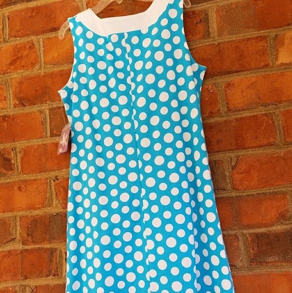 J Khaki Sheath Dress Kids Girls Medium Aqua White Polka Dot - Picture 2 of 4